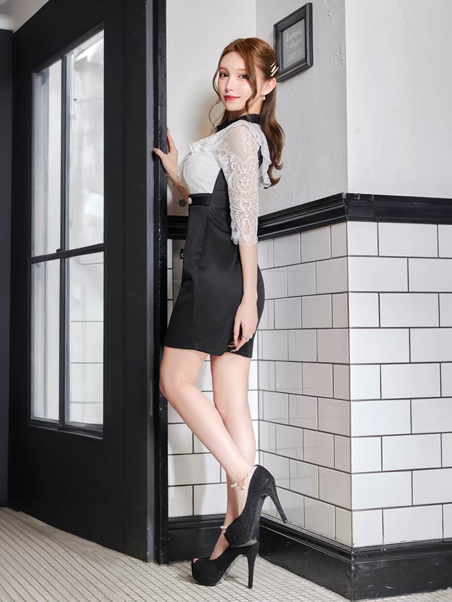 [SMLサイズ]フリルハイネックシアーレース五分袖タイトミニドレス[3サイズ展開]