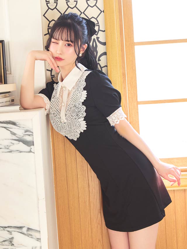 [SMLサイズ]襟付きフロントケミカルレース半袖Aラインミニドレス[3サイズ展開]