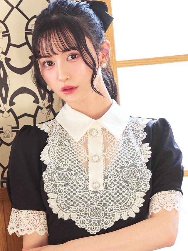 [SMLサイズ]襟付きフロントケミカルレース半袖Aラインミニドレス[3サイズ展開]