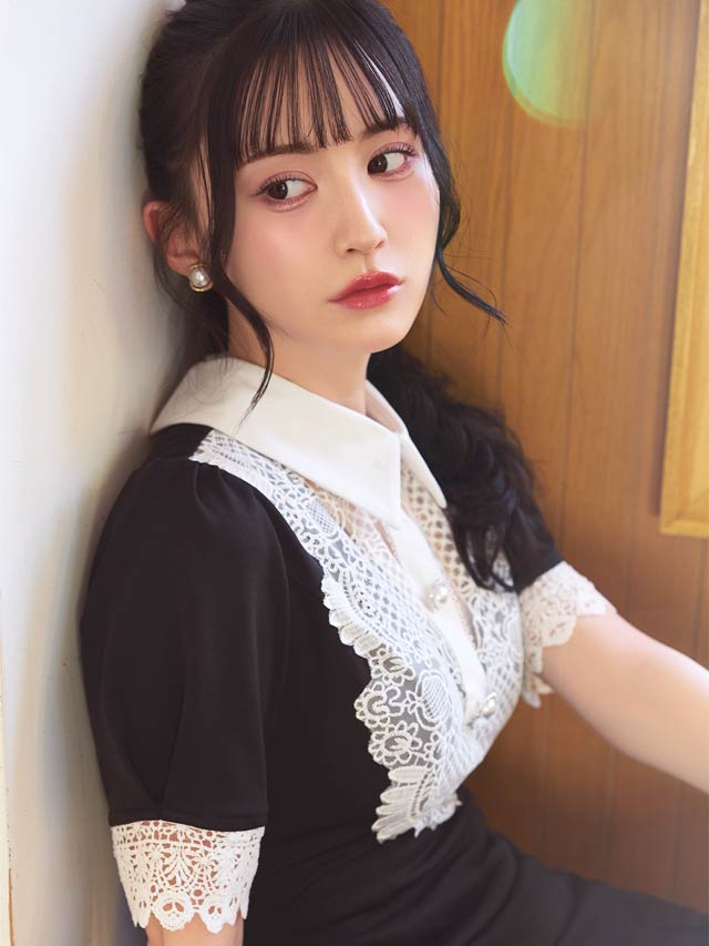 [SMLサイズ]襟付きフロントケミカルレース半袖Aラインミニドレス[3サイズ展開]