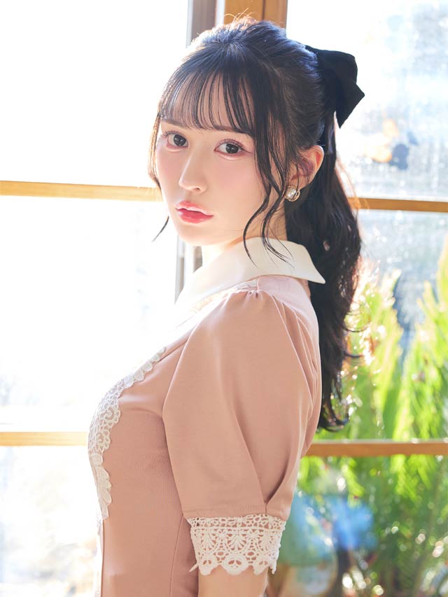 [SMLサイズ]襟付きフロントケミカルレース半袖Aラインミニドレス[3サイズ展開]