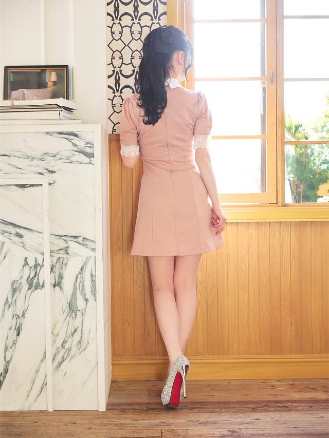 [SMLサイズ]襟付きフロントケミカルレース半袖Aラインミニドレス[3サイズ展開]