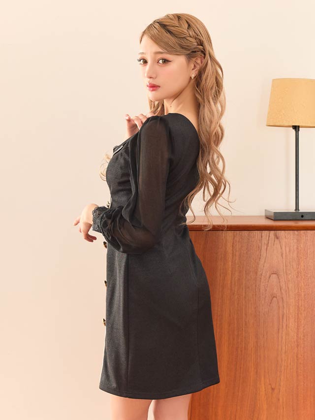 テーラードカラーダブルボタンパイピング長袖タイトミニドレス[SML/3サイズ展開]