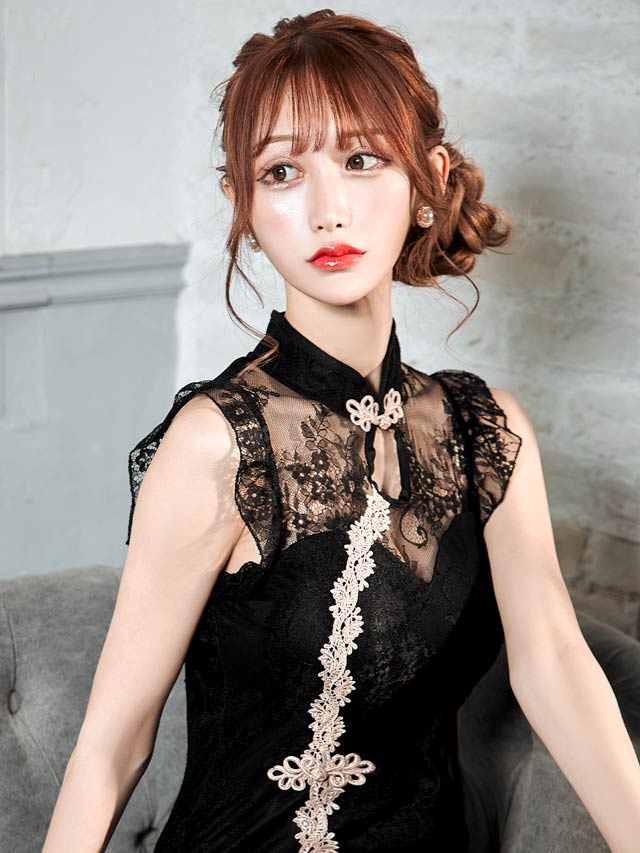 《ハロウィン早得★送料無料》[XS~Lサイズ]チャイナ風フリルレーススリットタイトミニ丈キャバドレス[4サイズ展開]