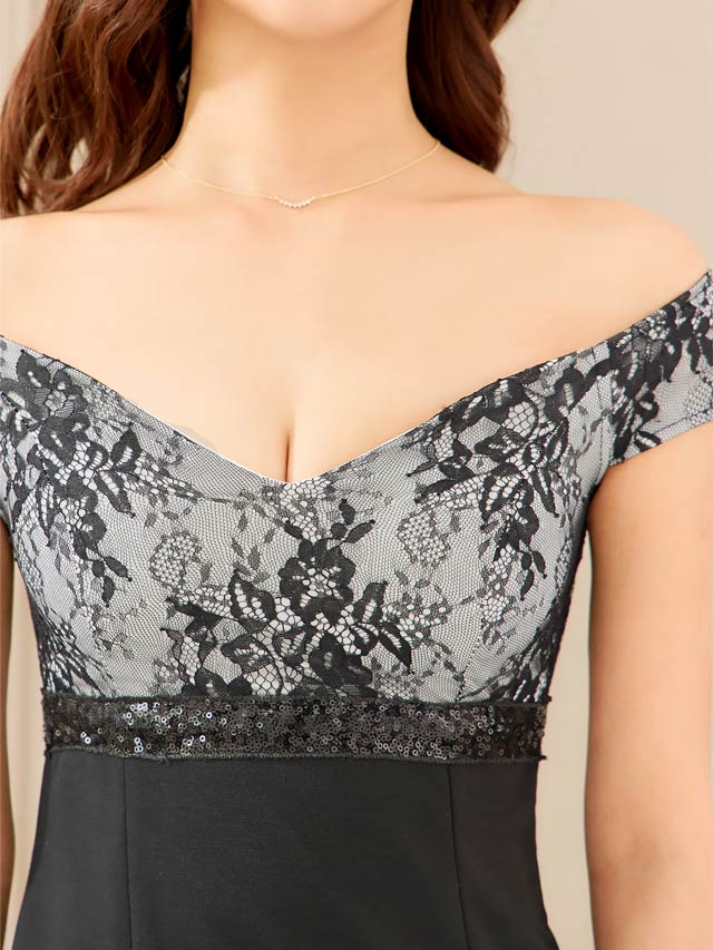 [SMLサイズ]ウエスト刺繍フラワーレースオフショルタイトミニドレス[3サイズ展開]