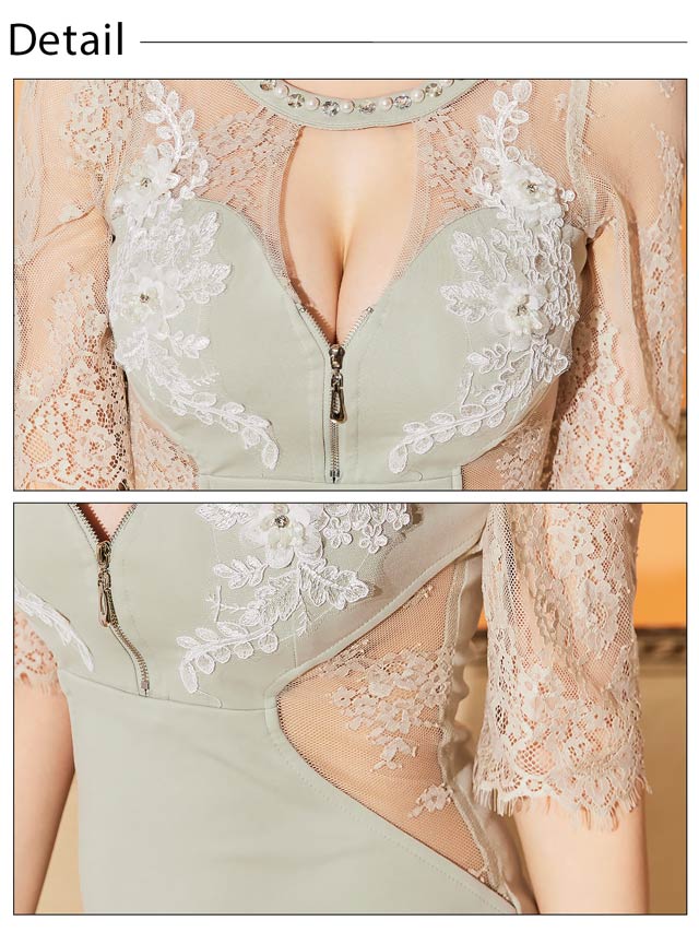 8/12再入荷! フロントファスナービジューフラワーレースタイトミニドレス[SML/3サイズ展開]