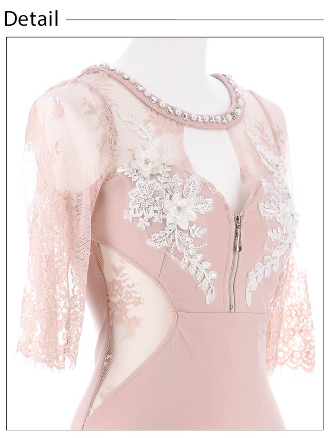 8/12再入荷! フロントファスナービジューフラワーレースタイトミニドレス[SML/3サイズ展開]