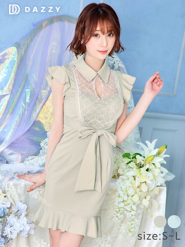 [SMLサイズ]デコルテシアーフリル袖ウエストリボンマーメイドミニドレス[3サイズ展開]