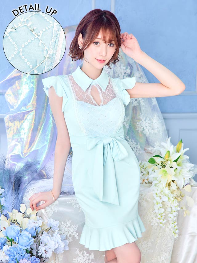 [SMLサイズ]デコルテシアーフリル袖ウエストリボンマーメイドミニドレス[3サイズ展開]