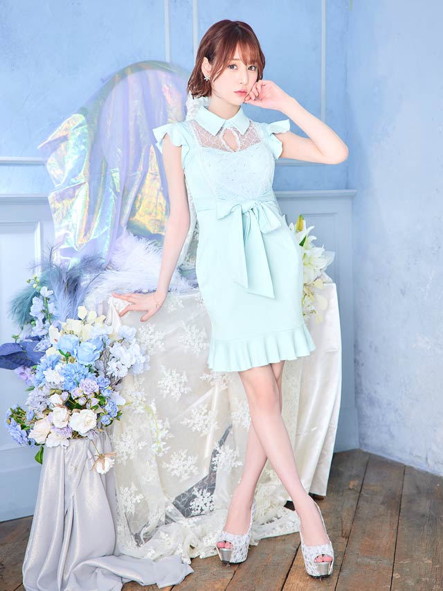 [SMLサイズ]デコルテシアーフリル袖ウエストリボンマーメイドミニドレス[3サイズ展開]