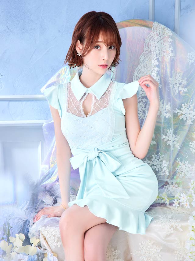 [SMLサイズ]デコルテシアーフリル袖ウエストリボンマーメイドミニドレス[3サイズ展開]