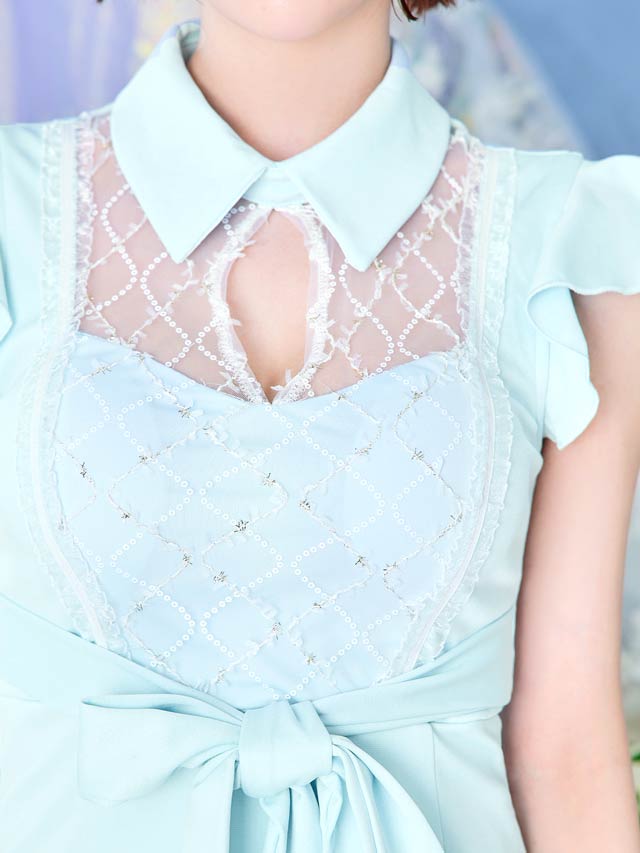 [SMLサイズ]デコルテシアーフリル袖ウエストリボンマーメイドミニドレス[3サイズ展開]