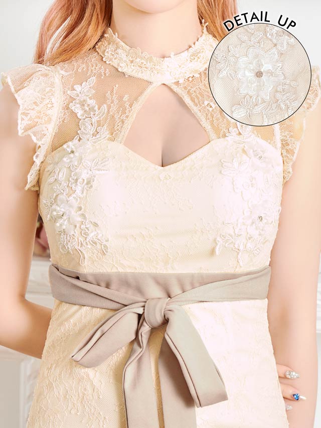 [SMLサイズ]フラワーレースホールウエストリボンマーメイドミニドレス[3サイズ展開]