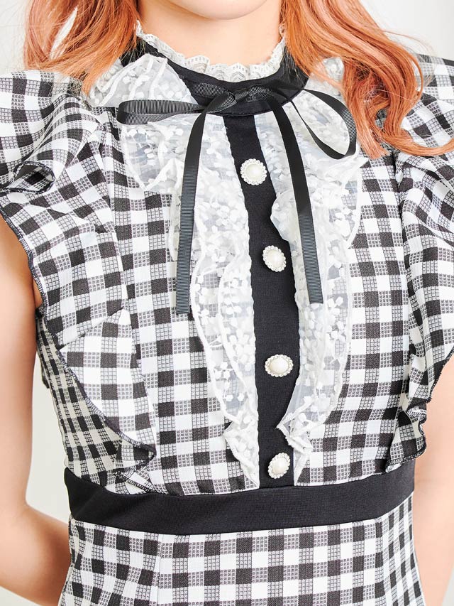 [SMLサイズ]ギンガムチェックボウタイフリルスリーブタイトミニドレス[3サイズ展開]