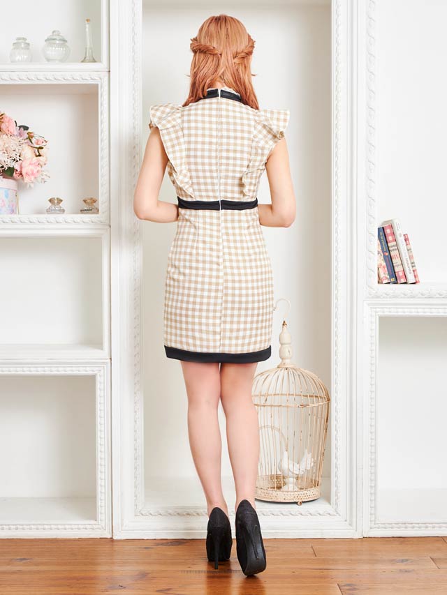[SMLサイズ]ギンガムチェックボウタイフリルスリーブタイトミニドレス[3サイズ展開]