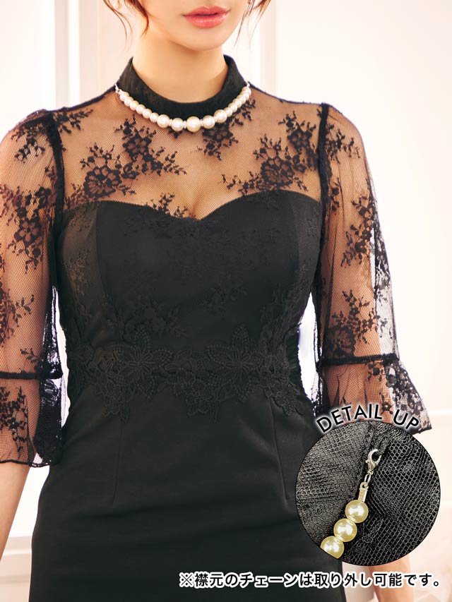 [SMLサイズ]パールハイネックフラワーシアー七分袖マーメイドミニドレス[3サイズ展開]