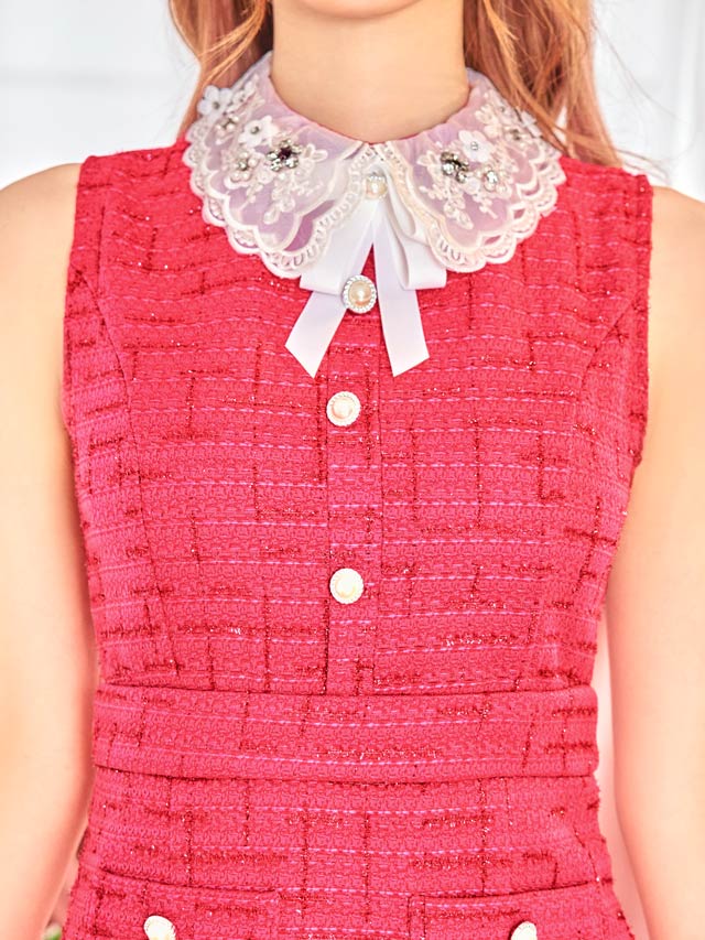 [SMLサイズ]ツイードスカラップリボンタイトミニドレス[3サイズ展開]