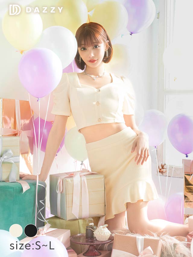 明日花キララ着用[SMLサイズ][2ピース]ワンカラーフロントボタンワッフルマーメイドミニドレス[3サイズ展開]