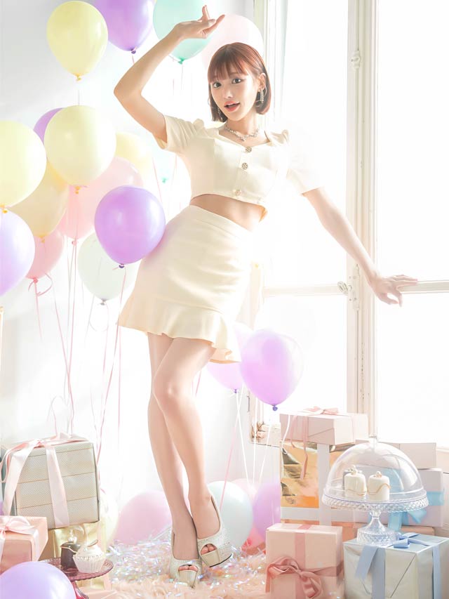 明日花キララ着用[SMLサイズ][2ピース]ワンカラーフロントボタンワッフルマーメイドミニドレス[3サイズ展開]