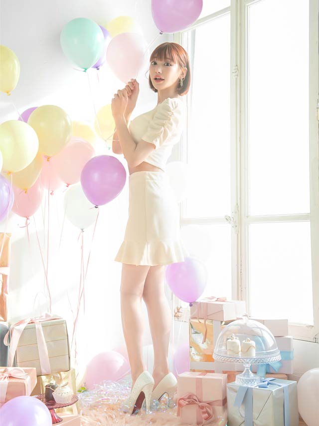 明日花キララ着用[SMLサイズ][2ピース]ワンカラーフロントボタンワッフルマーメイドミニドレス[3サイズ展開]