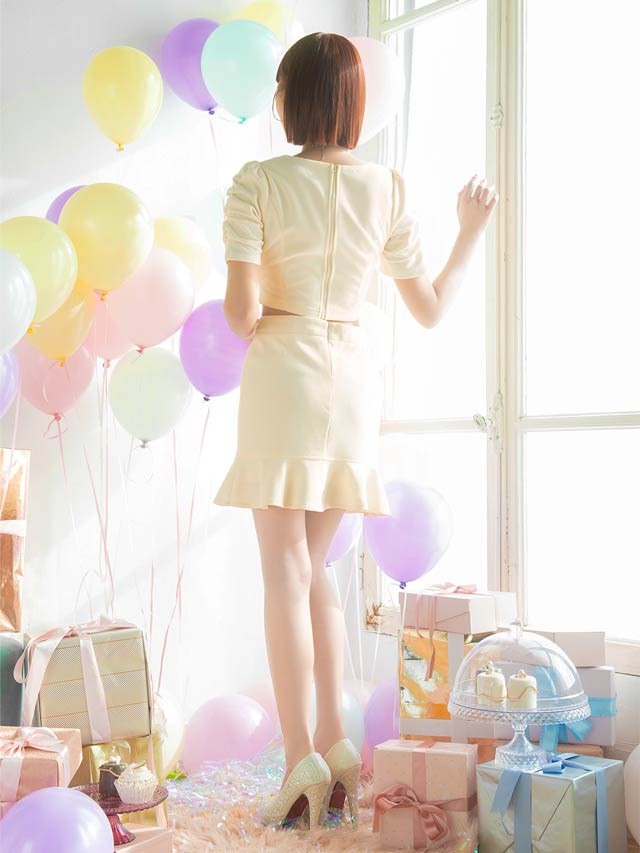 明日花キララ着用[SMLサイズ][2ピース]ワンカラーフロントボタンワッフルマーメイドミニドレス[3サイズ展開]