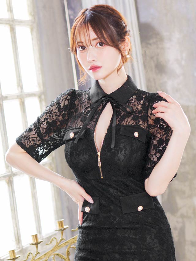 オールフラワーレース襟付きジップホール五分袖タイトミニドレス[SML/3サイズ展開]