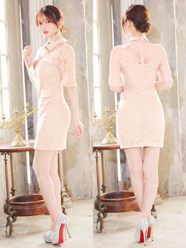 オールフラワーレース襟付きジップホール五分袖タイトミニドレス[SML/3サイズ展開]