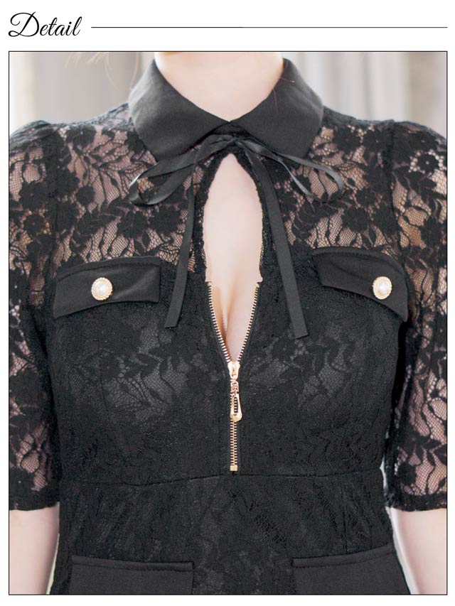 オールフラワーレース襟付きジップホール五分袖タイトミニドレス[SML/3サイズ展開]