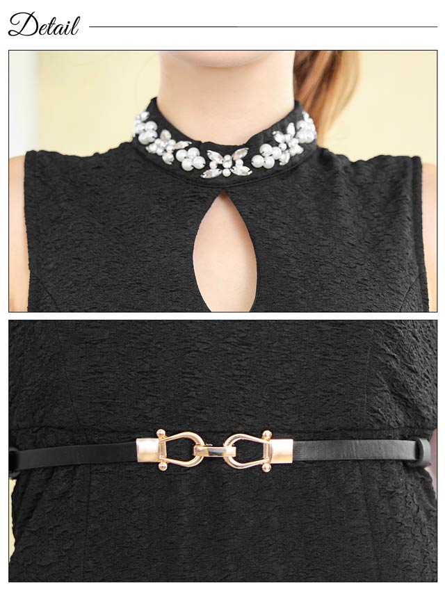 [SMLサイズ]ハイネックビジューホールベルト付きノースリーブタイトミニドレス[3サイズ展開][LIVE紹介]