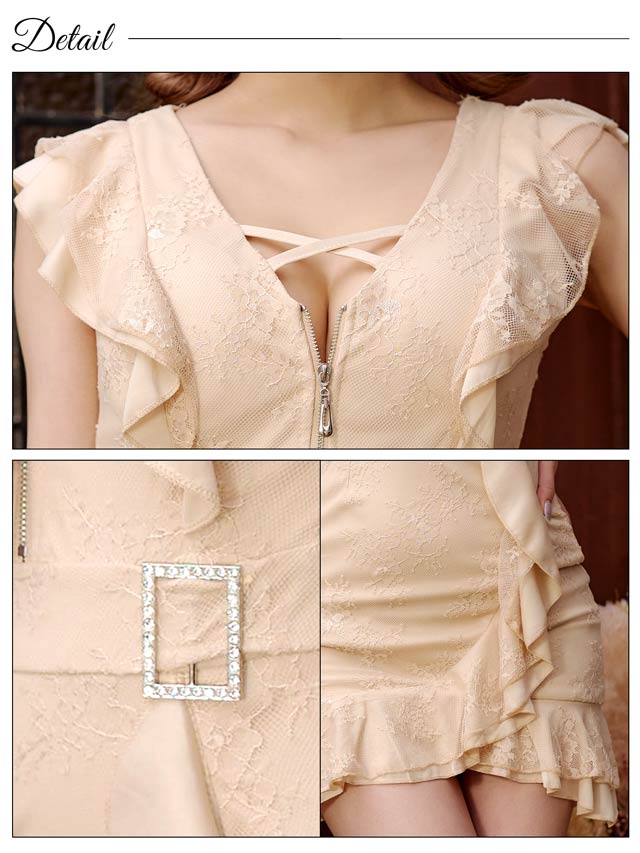 [SMLサイズ]フロントジップフリルレースベルトモチーフタイトミニドレス[3サイズ展開][LIVE紹介]