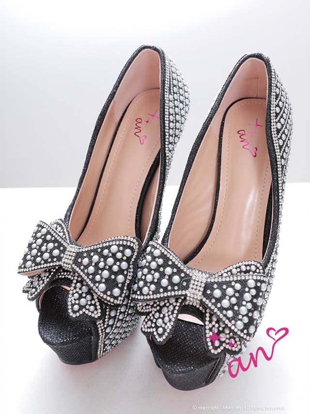 6/23新作![an]パールビジュービッグリボンオープントゥパンプス[AOC-SH045]