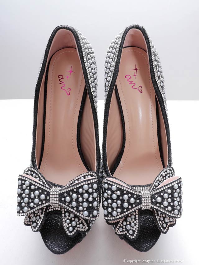 6/23新作![an]パールビジュービッグリボンオープントゥパンプス[AOC-SH045]