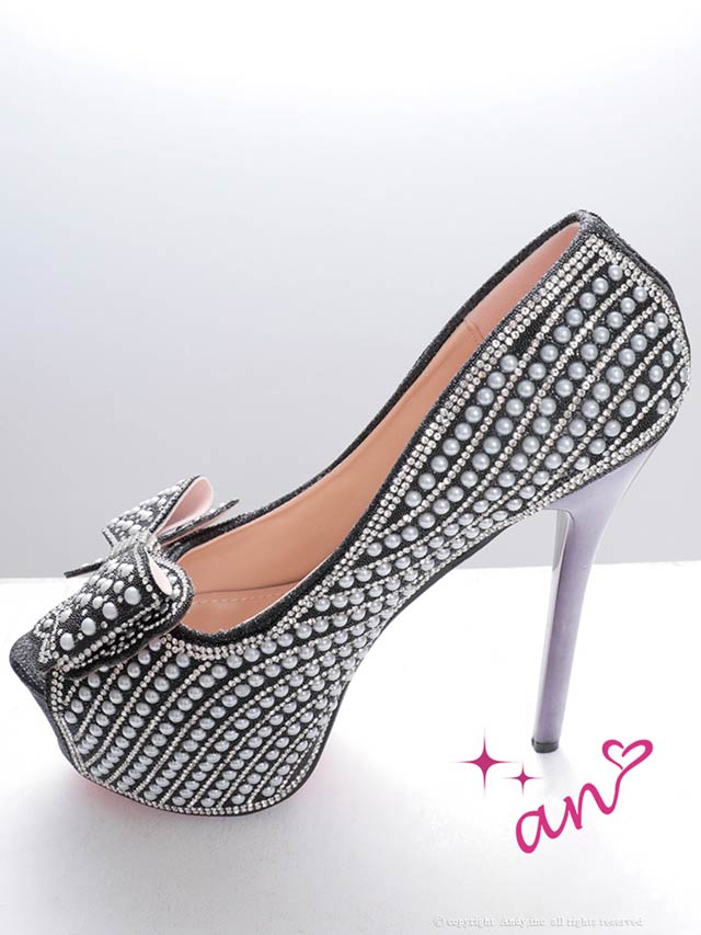 6/23新作![an]パールビジュービッグリボンオープントゥパンプス[AOC-SH045]