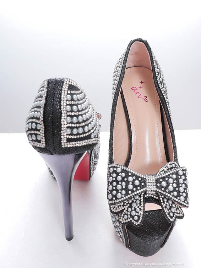 6/23新作![an]パールビジュービッグリボンオープントゥパンプス[AOC-SH045]