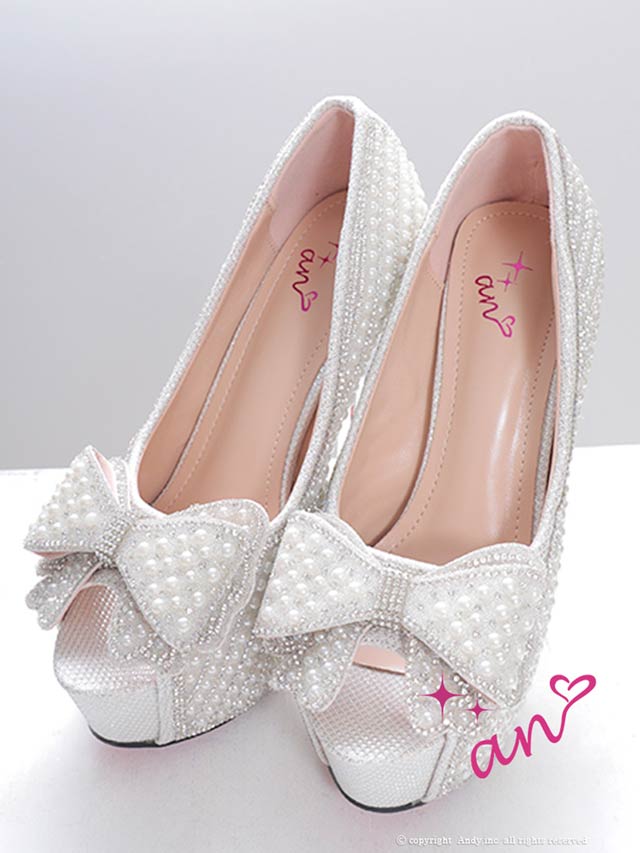 6/23新作![an]パールビジュービッグリボンオープントゥパンプス[AOC-SH045]