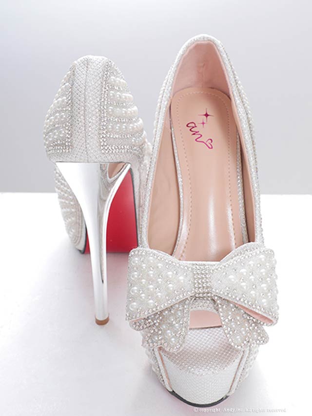 6/23新作![an]パールビジュービッグリボンオープントゥパンプス[AOC-SH045]