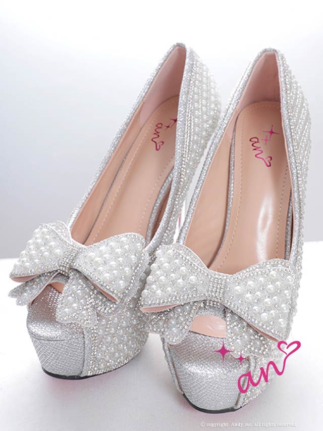 6/23新作![an]パールビジュービッグリボンオープントゥパンプス[AOC-SH045]