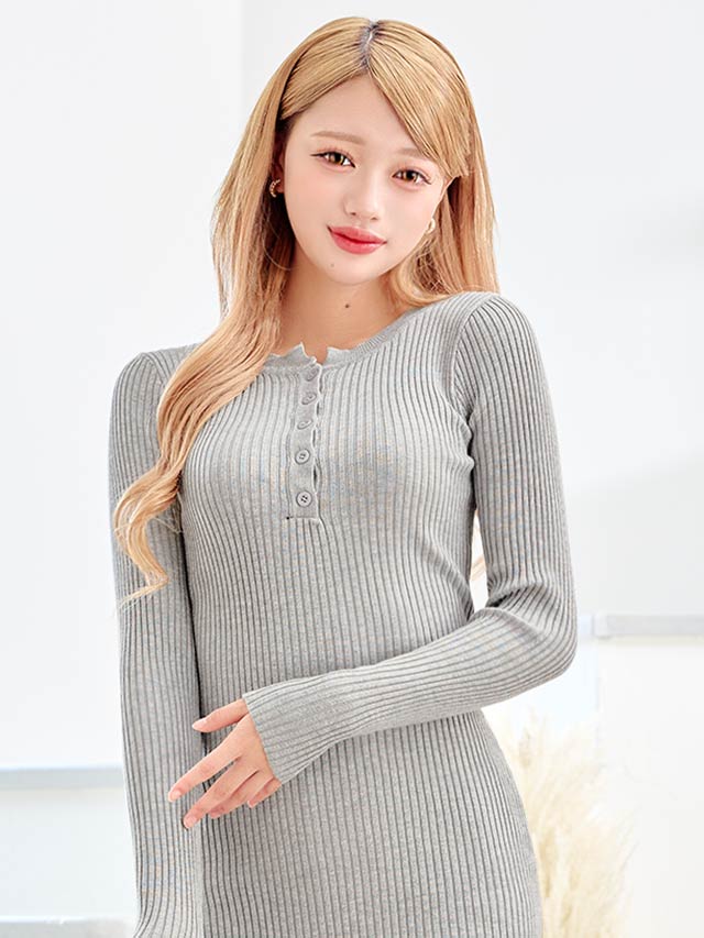 ヘンリーネック長袖タイトリブニットワンピース[カジュアル/dazzy closet]
