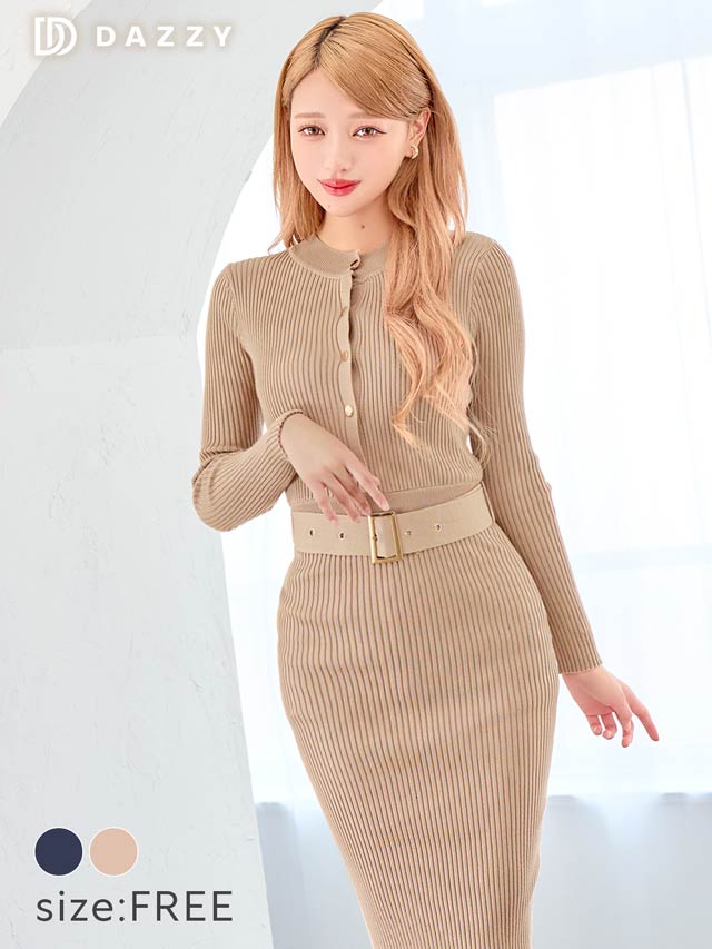 ハーフボタンベルト付き長袖リブニットワンピース[カジュアル/dazzy closet]