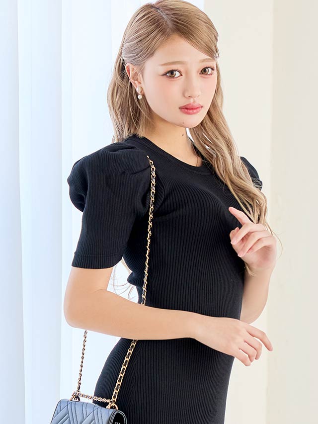 ラウンドパフスリーブ半袖ニットワンピース[カジュアル/dazzy closet]