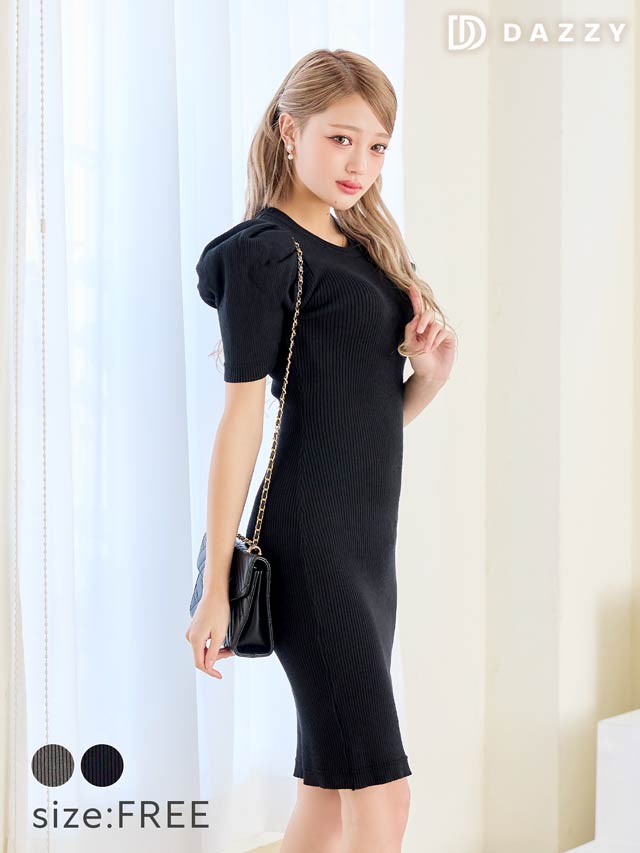 ラウンドパフスリーブ半袖ニットワンピース[カジュアル/dazzy closet]