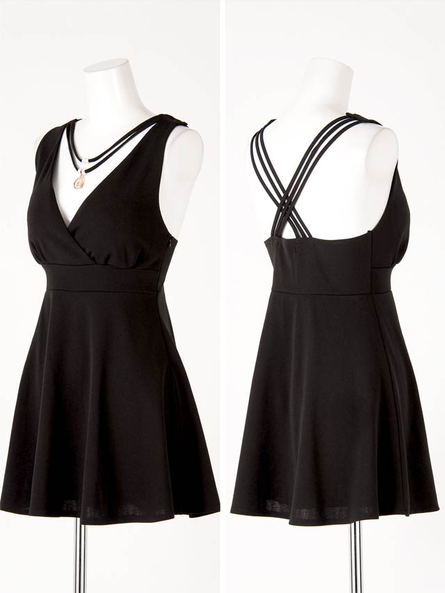 [S〜LLサイズ]ネックレスモチーフ付きバッククロスノースリAラインミニドレス[4サイズ展開][プチプラドレス]