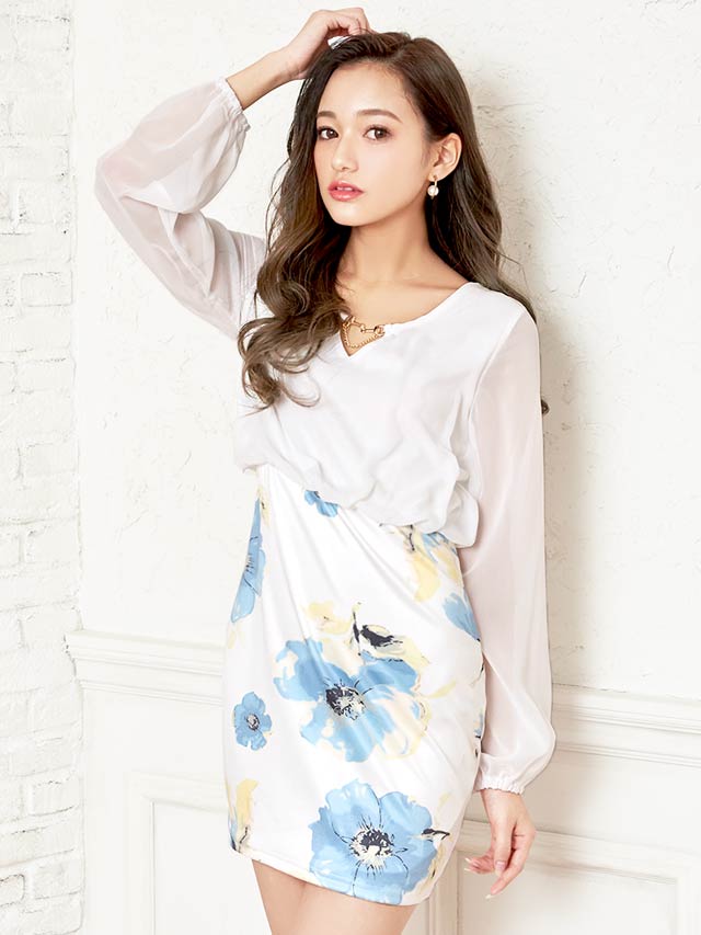 [XS〜4Lサイズ]花柄シフォン長袖スリーブタイトミニドレス[7サイズ展開]