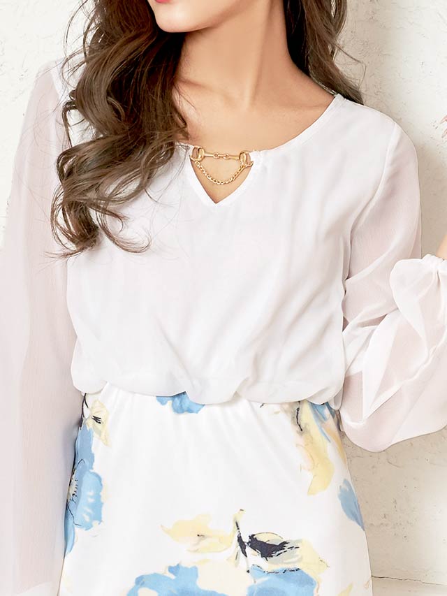 [XS〜4Lサイズ]花柄シフォン長袖スリーブタイトミニドレス[7サイズ展開]