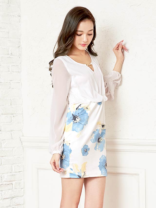 [XS〜4Lサイズ]花柄シフォン長袖スリーブタイトミニドレス[7サイズ展開]