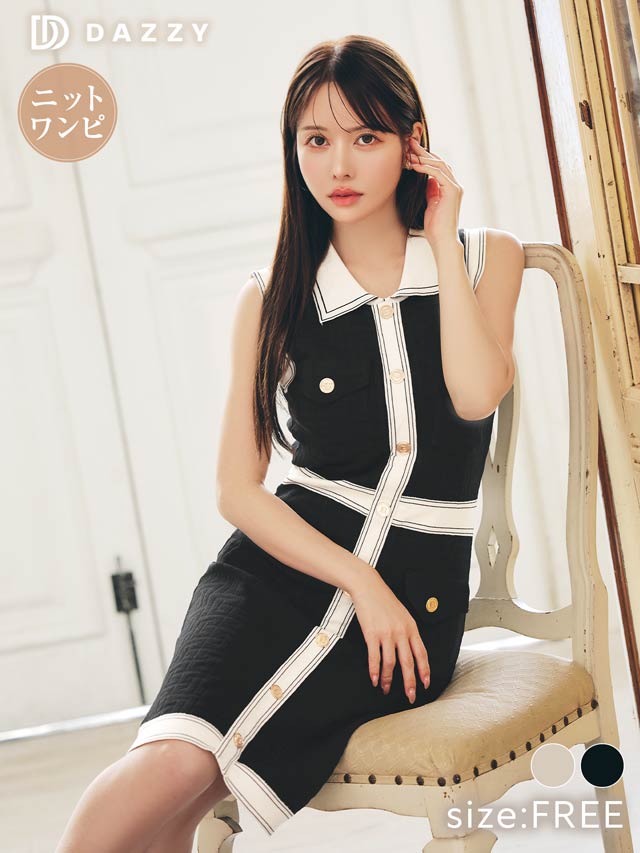 9/10新作!ゴールドボタンノースリーブ襟付きニットワンピース[カジュアル/dazzy closet]