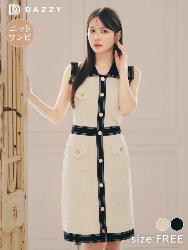 9/10新作!ゴールドボタンノースリーブ襟付きニットワンピース[カジュアル/dazzy closet]