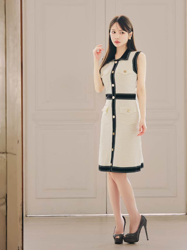 9/10新作!ゴールドボタンノースリーブ襟付きニットワンピース[カジュアル/dazzy closet]