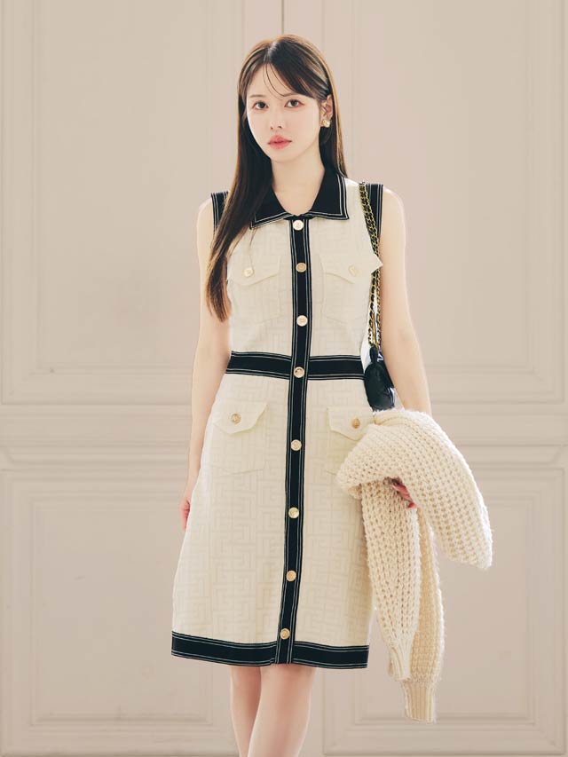 9/10新作!ゴールドボタンノースリーブ襟付きニットワンピース[カジュアル/dazzy closet]