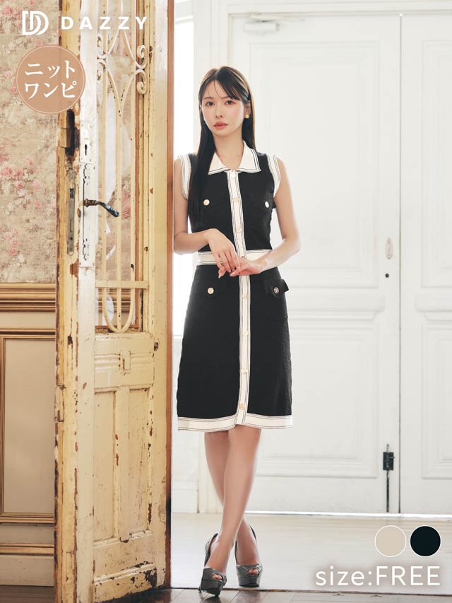 9/10新作!ゴールドボタンノースリーブ襟付きニットワンピース[カジュアル/dazzy closet]